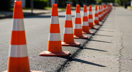 Traffic Cones in a Row, Road Safety, Construction Zone, Generative AI image