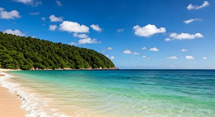 Fototapeta premium : A secluded tropical beach with crystal-clear waters and gentle waves.jpg