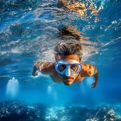 Naklejka premium Underwater Scuba Diver Exploring Marine Life.