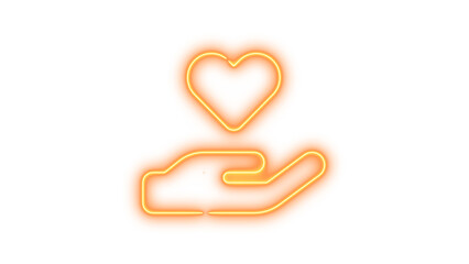 Neon symbol hand holding heart icon brown color glow with transparent background