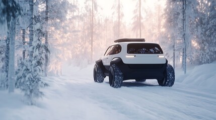 White futuristic SUV in snowy woods surrounded by frosted trees