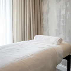  Serene Massage Table with Fresh White Linens and Calm Atmosphere