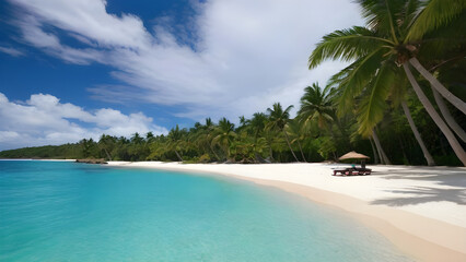 Naklejka premium Breathtaking tropical beach inviting relaxation under palm trees