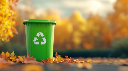 Green Recycling Bin in Autumn Park - A green recycling bin sits amidst fallen autumn leaves in a park, promoting environmental awareness and responsible waste disposal