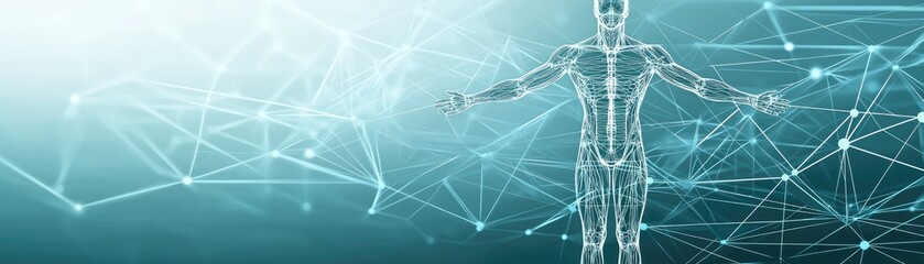 Transparent human figure standing amid a network, used for medical purposes
