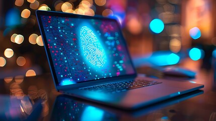 Laptop with a holographic fingerprint shield, on a desk with a bokeh background, symbolizing cybersecurity