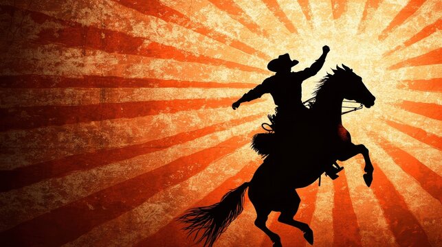 Old west-style rodeo championship poster, carved wooden signboard design, stitched leather borders, illustrated cowboy riding a wild bucking bronco, distressed vintage aesthetic