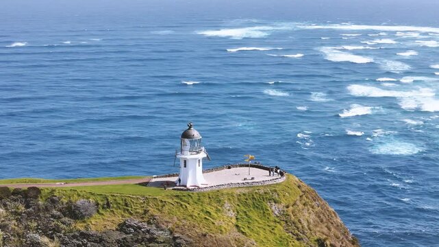 Aerial view of Cape Reinga Lighthouse in New Zealand