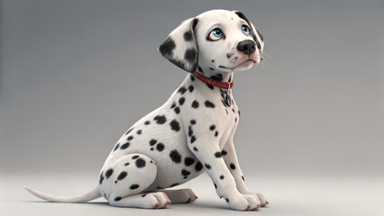 
This image depicts a digitally rendered or animated Dalmatian puppy sitting on a neutral gray background