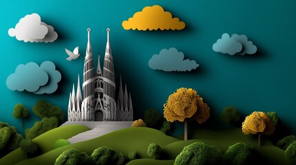 Obraz premium Serene Papercut Cathedral Landscape