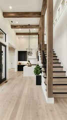 Obraz premium An open-riser oak staircase with sleek black accents, blending modern and rustic styles in a luxury home.