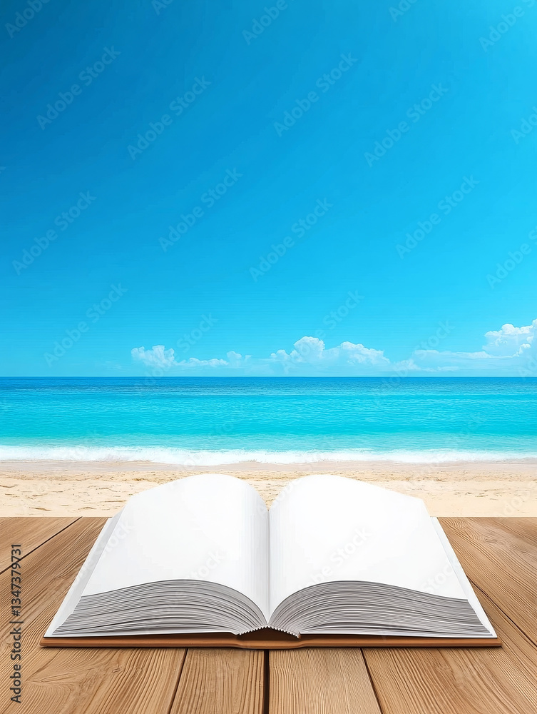 Wall mural open book on beach - an open book rests on a wooden surface overlooking a tranquil beach scene with 