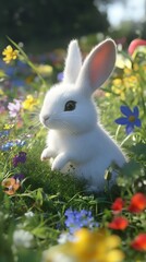 White rabbit sitting in a colorful wildflower meadow