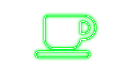 Neon symbol mug saucer icon green color glow with transparent background