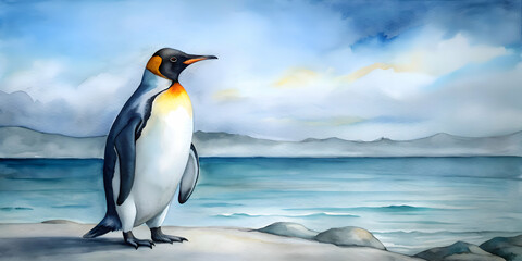 Fototapeta premium Majestic King Penguin by the Ocean. A Watercolor Painting