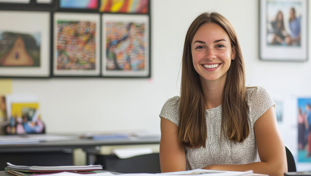 Chica joven de 30 a&ntilde;os, profesora, trabajando en un despacho, sentada junto a una mesa, con fondo de pared blanca con cuadros y fotos