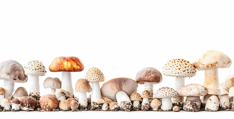 Obraz premium Mycelial Marvels: A collection of diverse mushrooms showcases their unique forms and textures, arranged in a captivating line-up against a pure backdrop, celebrating the wonder of nature.