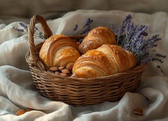 Golden Croissants in Wicker Basket with Lavender and Almonds