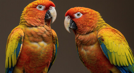 Two parrots sitting closely together.
