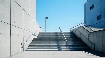Concrete Staircase Ascending Towards Bright Blue Sky With Modern Building Architecture Exterior Light and Shadow
