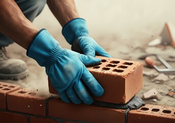 Worker laying bricks with blue gloves, showcasing construction skills
