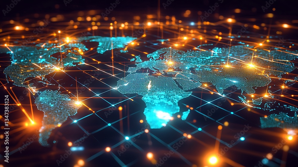 Poster global network connection. a digital representation of the world map, overlaid with glowing lines an