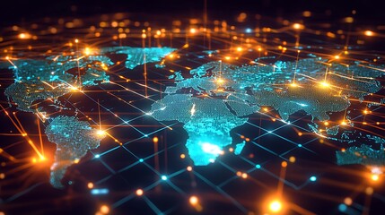 Fototapeta premium Global Network Connection. A digital representation of the world map, overlaid with glowing lines and points, signifying global interconnectedness and data flow. 
