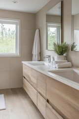 Scandinavian clean bathroom interior featuring white sinks, large mirror, light wood cabinets, and minimal decor. Concept emphasizes Scandinavian clean bathroom interior design and simplicity.