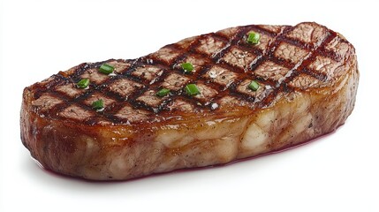 A perfectly grilled steak with a beautiful sear pattern, garnished with green herbs, showcasing its juicy texture and rich flavor.