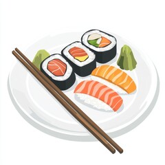 Assorted sushi rolls on a white plate with chopsticks.