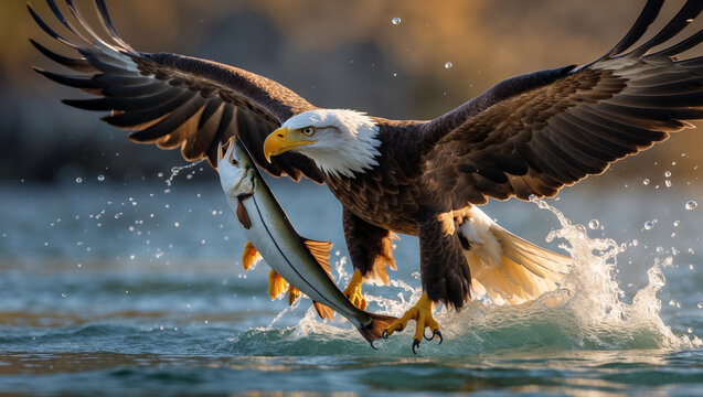Majestic bald eagle seizing its silvery salmon prize from the river's embrace in a breathtaking moment of nature's power, bathed in golden sunlight.