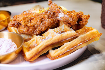 Fried chicken and waffles for breakfast 