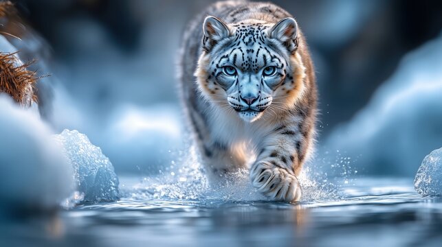 Snow leopard walks through icy water, captivating eyes searching surroundings, winter landscape, majestic presence, endangered species in natural habitat - Powered by Adobe