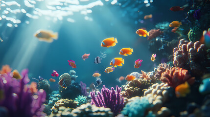 Fototapeta premium Vibrant Underwater Coral Reef: A mesmerizing underwater scene teeming with colorful coral and schools of fish, bathed in sunlight streaming through the water.