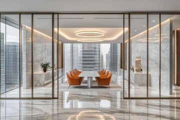 Modern conference room with city views. Sleek design, marble finishes, and orange chairs create a sophisticated atmosphere.
