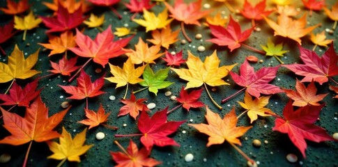 Colorful mosaic of red and green autumn leaves scattered on ground, colorful, branches