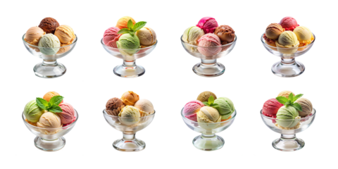 Ice cream sundaes in glass dishes, cream, cherries, and wafers, isolated on transparent background, PNG file, perfect for graphic design., presentation, advertising