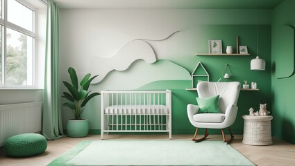 Aesthetic gradient white to green themed nursery interior concept