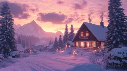 Fototapeta premium Winter Village Sunset Scene - Serene winter village at sunset, snow-covered houses, illuminated windows, majestic mountains, cozy atmosphere. Symbolizing peace, tranquility, warmth, wonder, and home