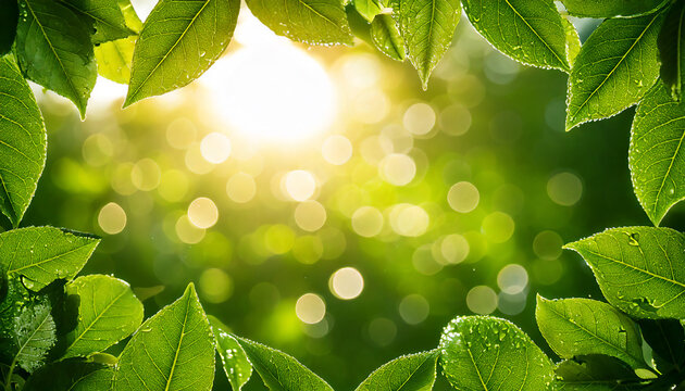 Nature wallpaper framed by green leaves. Scenic nature background of fresh lush green leaves with dewdrops, framing the out of focus vegetation with bekeh highlights and the sun, vibrant colors
