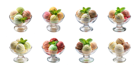 Ice cream sundaes in glass dishes, cream, cherries, and wafers, isolated on transparent background, PNG file, perfect for graphic design., presentation, advertising