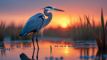 Naklejka premium Majestic great blue heron at sunset, serene wetland reflection in warm golden light.