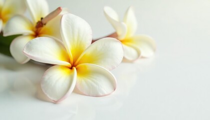 Delicate frangipani petals unfurl on a white surface, garden, isolated