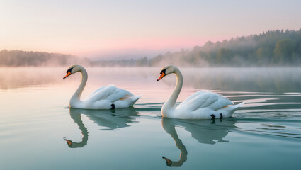 Fototapeta premium Two graceful swans gliding serenely across a misty lake at dawn, reflecting the tranquil beauty of nature in soft pastel hues.
