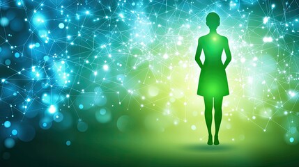 Obraz premium Woman silhouette stands against a network of glowing particles. Possible for digital health