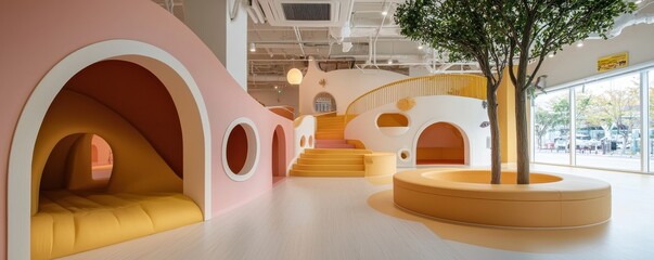 A vibrant, playful interior featuring soft curves, bright colors, and cozy nooks, designed for relaxation and imaginative play.