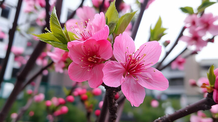 Obraz premium Close Up View Of Pink Cherry Blossoms Blooming On Tree Branches In Daylight
