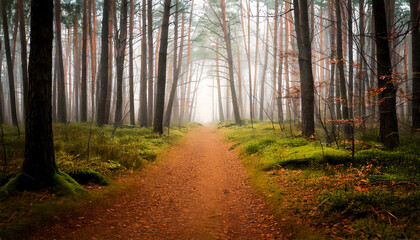Obraz premium Path trough a strange forest with fog in autumn wallpaper