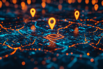 Digital map with location pins showcasing urban area