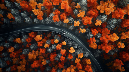 Aerial top view of a car driving through a winding forest road, Winding road through the forest. Car drive on the road between green forest. Ecosystem ecology healthy environment road trip